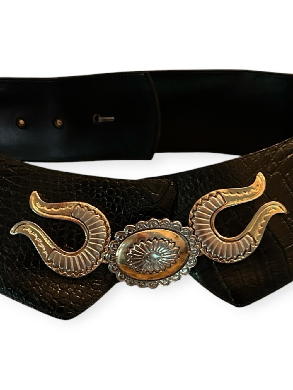 Wide Black Croc Embossed Statement Belt w/ Large Silver Gold Tone Center Buckle - Picture 3 of 4